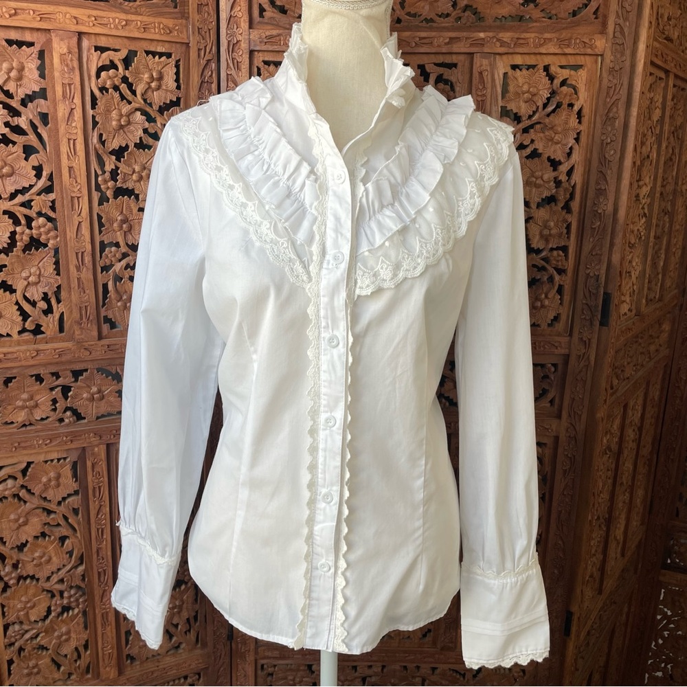 White Ruffled Victorian Edwardian Western lace trim crochet button down Blouse - Picture 4 of 14